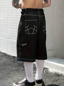 Men's Loose Fit Wide Leg Denim Shorts, Vintage Street Style, Letter Embroidery