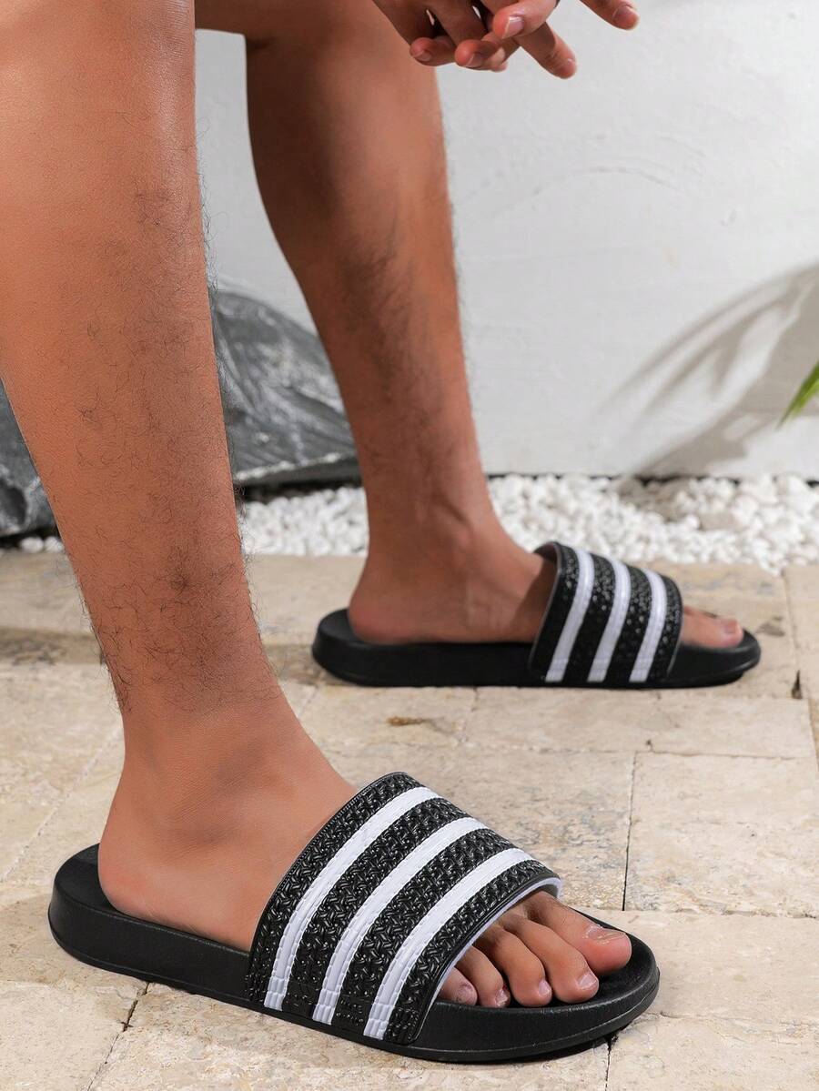 男士黑白条纹露趾凉鞋 - 柔软舒适的EVA鞋垫，防滑耐磨的EVA鞋底，适合沙滩、泳池、室内/室外休闲穿着，泳池边凉鞋 | 条纹凉鞋 | EVA鞋底凉鞋 - 黑色 - 查看 1