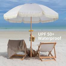 7.5ft Patio Umbrella With Fringe, Beach Umbrella, Fringe Umbrella Outdoor Patio With Hanging Hook, Tilting Aluminum Pole, UV 50+, Fiberglass Ribs, Blue White Stripe,7.5FT,BlueWhiteStripe - BlueWhiteStripe - View 8