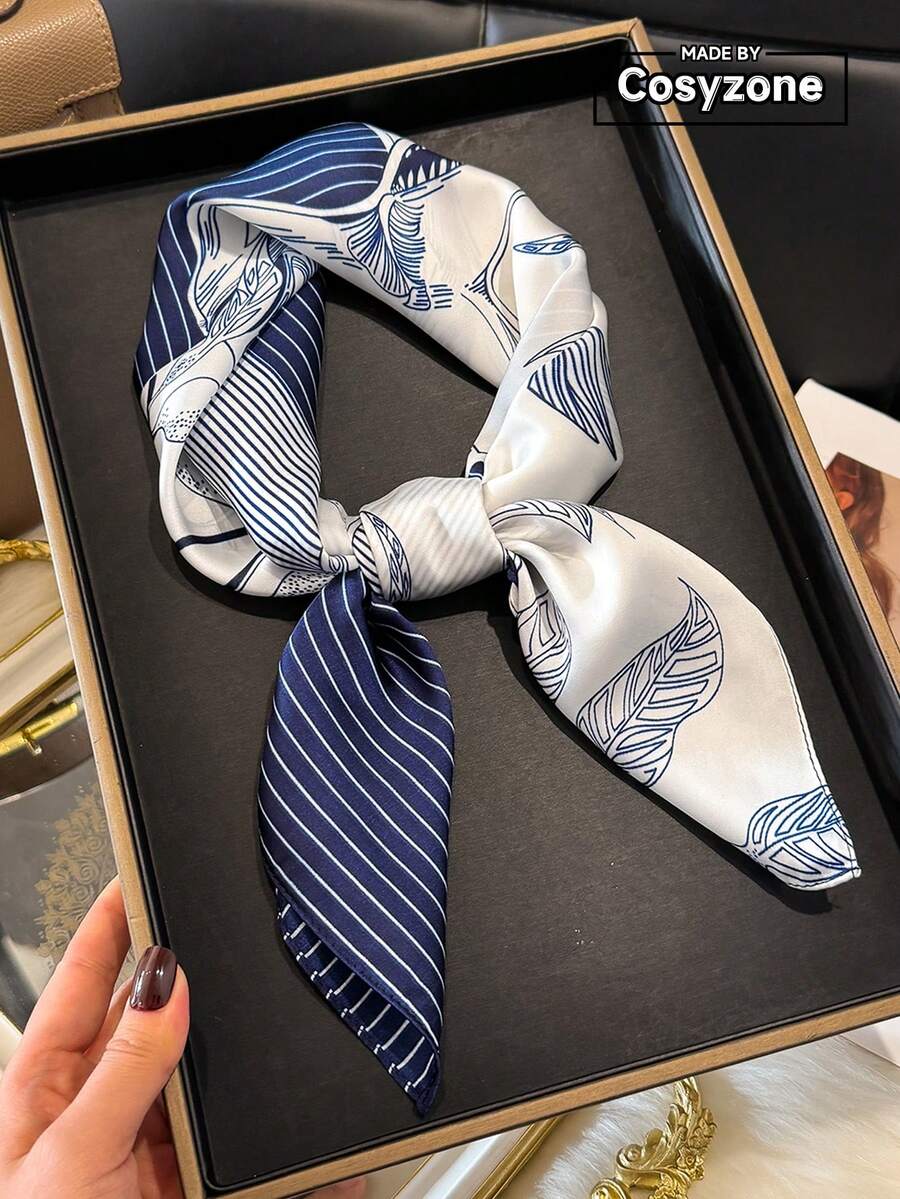 1条优雅花卉线条印花70厘米方巾，适合休闲和街头服饰，可作头巾、发带、户外防晒装饰，完美打造各种造型。 - 藏蓝色 - 查看 1