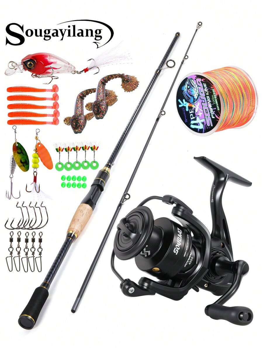SOUGAYILANG Complete Fishing Combo - Carbon Fiber Rod & Reel Set With 5.2:1 Gear Ratio, 5-10LB Line, Includes Lures And Tackle (Random Fishing Line And Bait Accessories) - Black - View 1