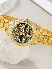 6件套奢华镀金首饰套装，镶嵌满水钻（包括手表、手链、项链、耳环和戒指），是广受欢迎的礼品和闪亮的金色配饰。优雅的设计，金色水钻交织点缀，适合日常通勤、约会和购物。 - 金色 - 查看 4