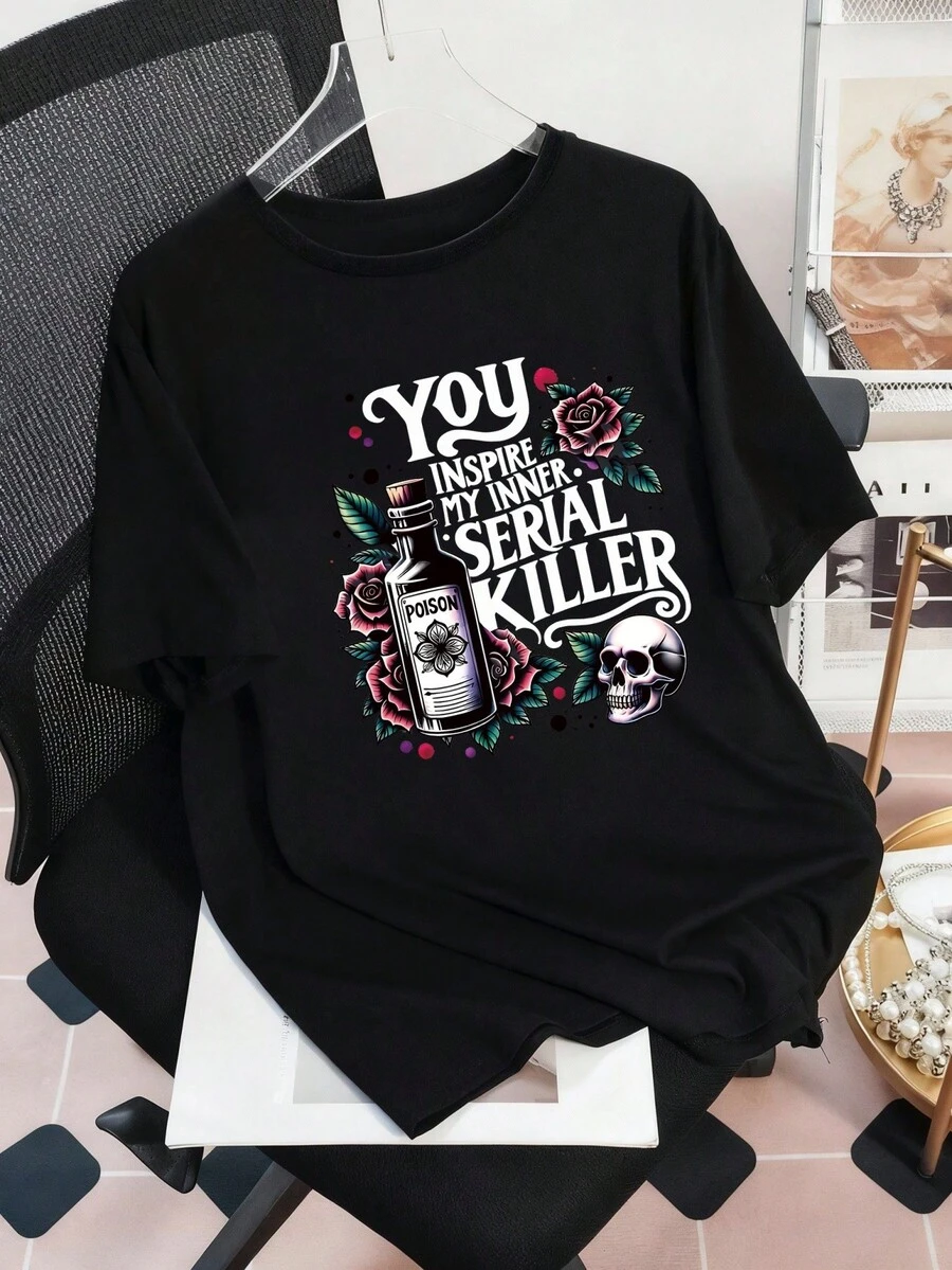 Plus Size Women's T-ShirtBlackShort Sleeve Round Neck Tee With Vibrant Digital Print,Machine Washable Regular Fit For Casual Attire - 黑色 - 查看 1
