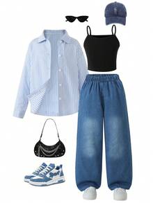 2-Piece Girls Outfit: Blue & White Striped Shirt, Black Cropped Camisole, Blue Straight Leg Loose Jeans - Blue - View 1