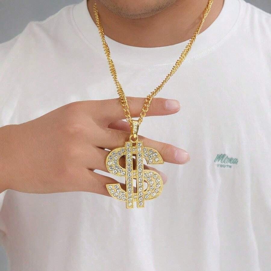 Hip Hop Domineering Thick Dollar Symbol Necklace Alloy Diamond Chain Personalized  Men's  Pendant - 金色 - 查看 1