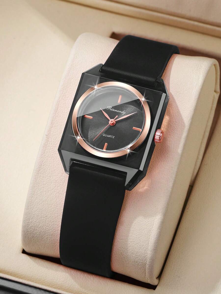 1pc Women's Silicone Quartz Watch, Fashionable Casual Square Minimalist Dial Design, Elegant Elegant - Black - View 1