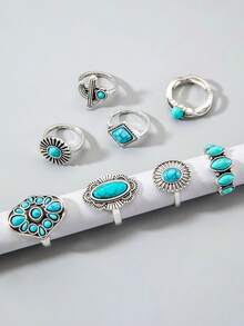 6pcs/7pcs/8pcs/13pcs Minimalist Bohemian Style Faux Turquoise, Heart, Oval, Geometric Cactus Creative Unique Women Jewelry Ring Set, Perfect Gift For Beach Vacation (Turquoise Texture Random) - 25356-blue - View 5