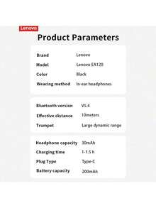 Auriculares inalámbricos Bluetooth Lenovo EA120 negros con sonido panorámico de 360°, escucha estéreo, V5.4, conexión flash, Bluetooth, batería de larga duración, embalaje chino. - Negro - Ver 9