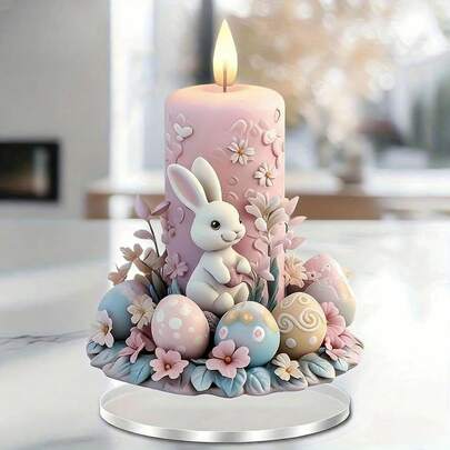 2D Acrylic Flat Easter Bunny Candle, With Colorful Eggs And Base, Ideal For Adding Holiday Charm To Any Space During Easter, Ramadan, Carnival, Or As A Holiday Gift And Collectible