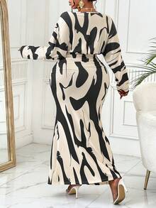 BIUBIU Vestido de mujer talla grande de unicolor con pliegues en la cintura y mangas tipo murciélago, vestimenta exterior con estampado geométrico - Albaricoque - Ver 2