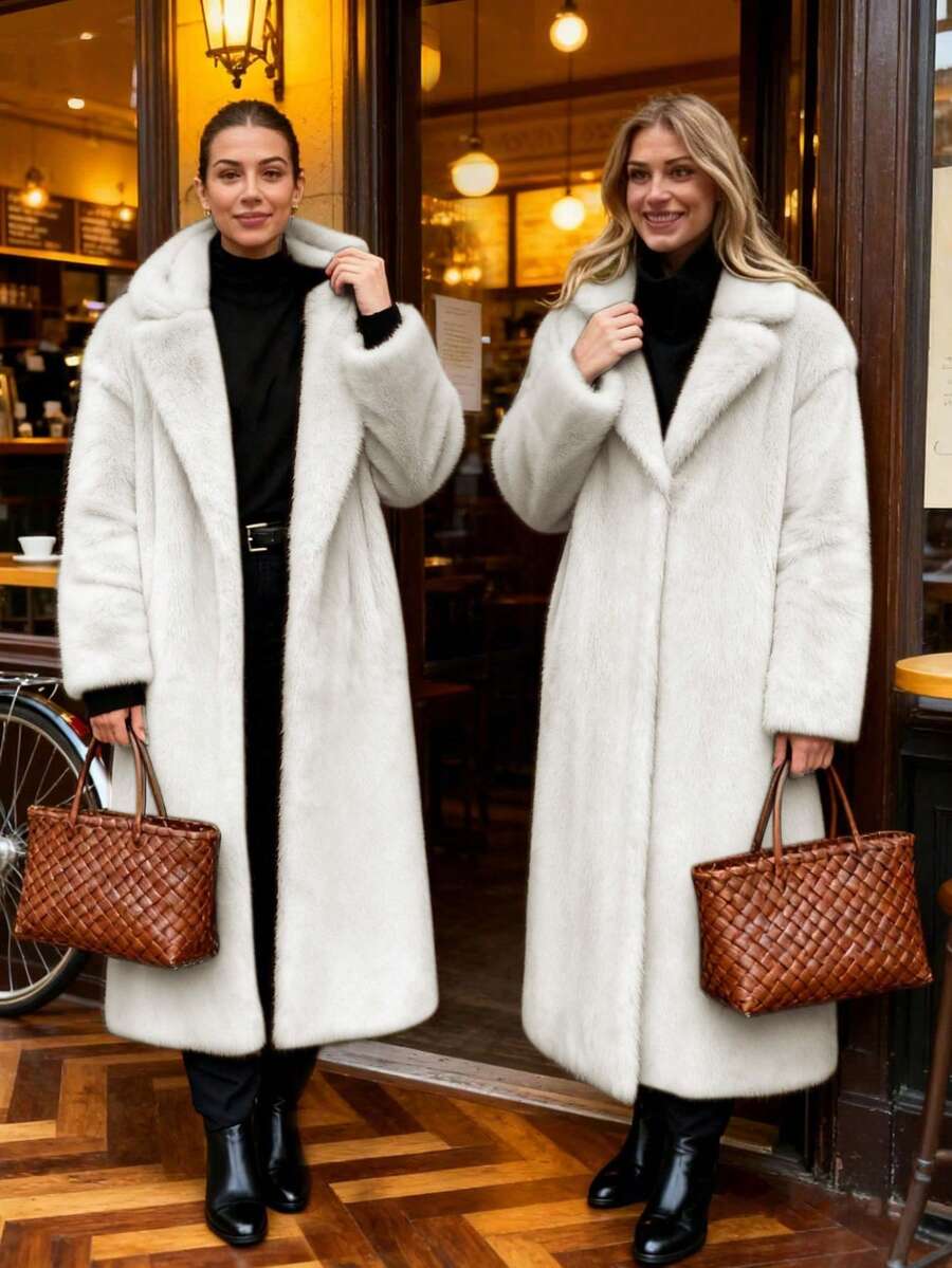 Autumn/Winter New Solid Color Loose Long Faux Fur Coat, Warm And Thick Plush Jacket For Women - White - View 1