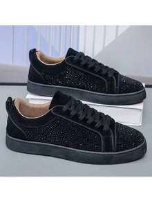 Men's Shiny Diamond Decor Low-Top Round Toe Breathable Stylish High-End Casual Leather Shoes, Non-Slip Red Bottom, Versatile Personalized Sneakers Suitable For Youths, Stage, Party, Outdoor, Travel - Black - View 5