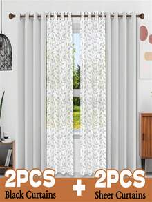 4-Piece Mix And Match Curtain Set - 2 Leaf Print Sheer Curtains + 2 Blackout Curtains (Grommet Window Drapes For Bedroom & Living Room) - Silver - View 4