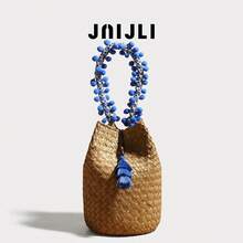 Woven Straw Bucket Bag Women Boho Crossbody Purse Pom Pom Handle Tassel Decor Beach Handbag Casual Summer Travel Shoulder Bag Retro Rattan Bucket Bag Cute Fringe Accent Sling Bag Fashion Vacation Woven Purse Lightweight Daily Use Handbag Popular Bohemian Style Bucket Bag Must-Have Summer Accessory Rattan Crossbody Bag Stylish Beach Purse Woven Tassel Bag Bohemian Bucket Purse - Dark Blue - Xem 8