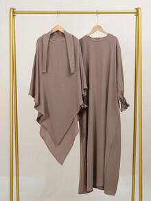 1pc Women Chiffon Crinkled Abaya, Muslim Hooded Drawstring Robe, Fashionable Solid Color Hijab, Elegant Casual Comfortable Outerwear, Suitable For Daily Life,Modest