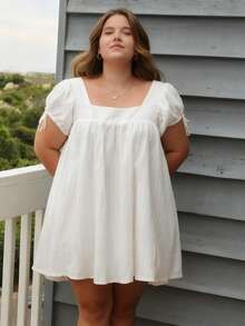 Women's Plus Size Dress Casual Stylish Solid Color Bows Square Neck Short Sleeve Mini Dress - trắng - Xem 5