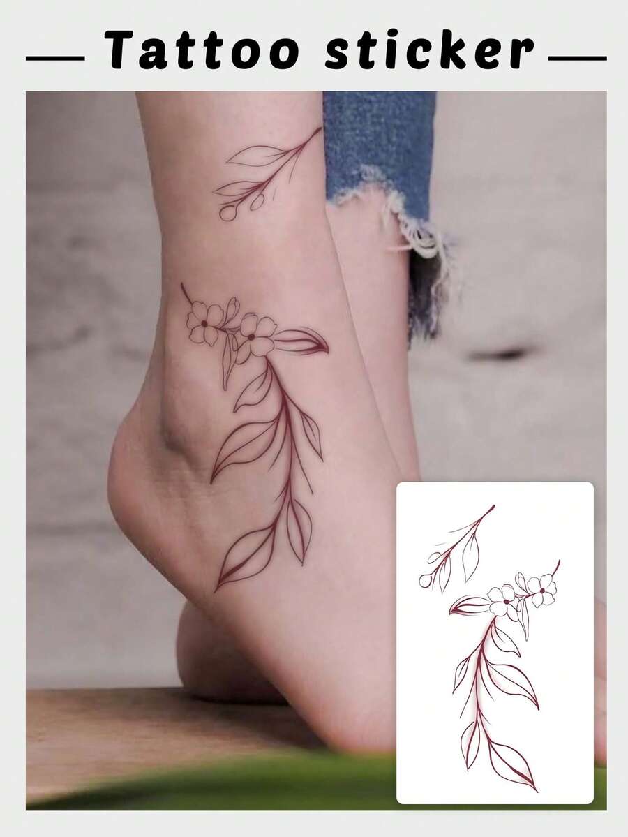 1 bucată tatuaj temporar cu frunze de plantă minimaliste Y2K, impermeabil și rezistent la transpirație, decorațiune florală cu linie delicată, tatuaj temporar retro impermeabil de lungă durată pentru gleznă și încheietura mâinii, potrivit pentru utilizarea de Ziua Îndrăgostiților