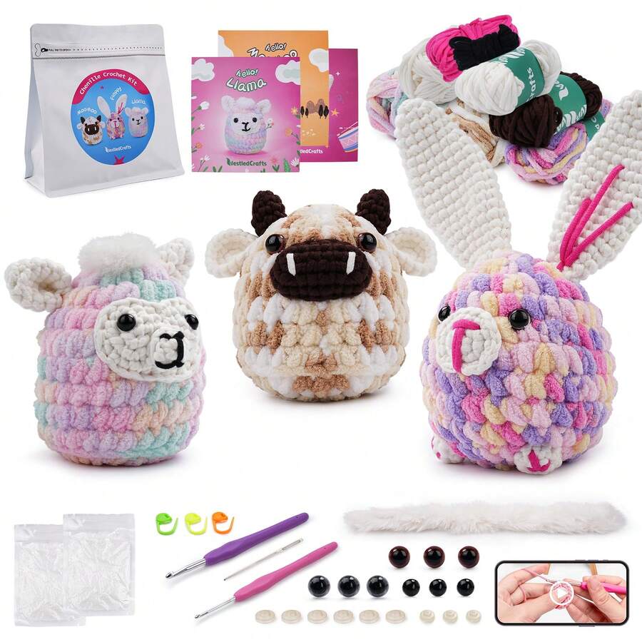 Beginner Llama MooMoo Floppy Crochet Kit Complete Amigurumi Starter Set With Video Tutorials - Multicolor - Ver 1