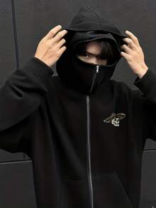 This Men's Stylish Double-Hooded Jacket Features Skull And Letter Prints And Comes With A Wide-Brimmed Hood. It's A Cool And Fashionable Streetwear Top, Versatile And Practical, Casual Yet Stylish, Comfortable And Easy To Match. Suitable For Men's Autumn And Winter Wear, And Also Suitable For Parties And Outdoor Activities. Also Available Is A Stylish Men's Hooded Sweatshirt. - Black - View 3