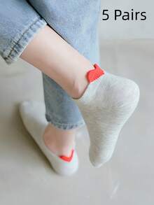 5 Pairs Solid Color Cute Heart Pattern Women's Ankle Socks, Comfortable Casual Socks For Daily Wear - Multicolor - View 10
