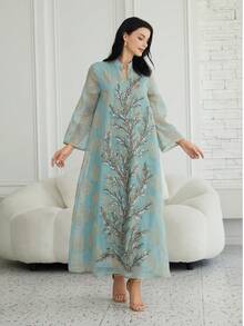 Solessence Đầm dài tay cổ đứng đính sequin sang trọng, màu xanh nhạt thanh lịch, thích hợp cho công sở và dự tiệc mùa xuân. - NC90 - Xem 6