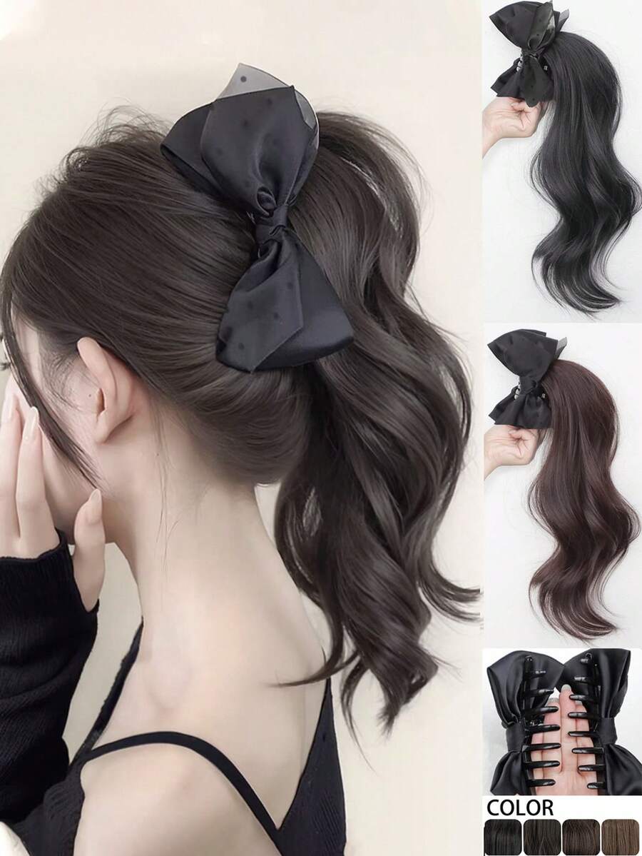 新款波点网纱蝴蝶结瀑布式马尾辫合成发爪夹马尾辫接发片，女士适用 - 彩色 - 查看 1