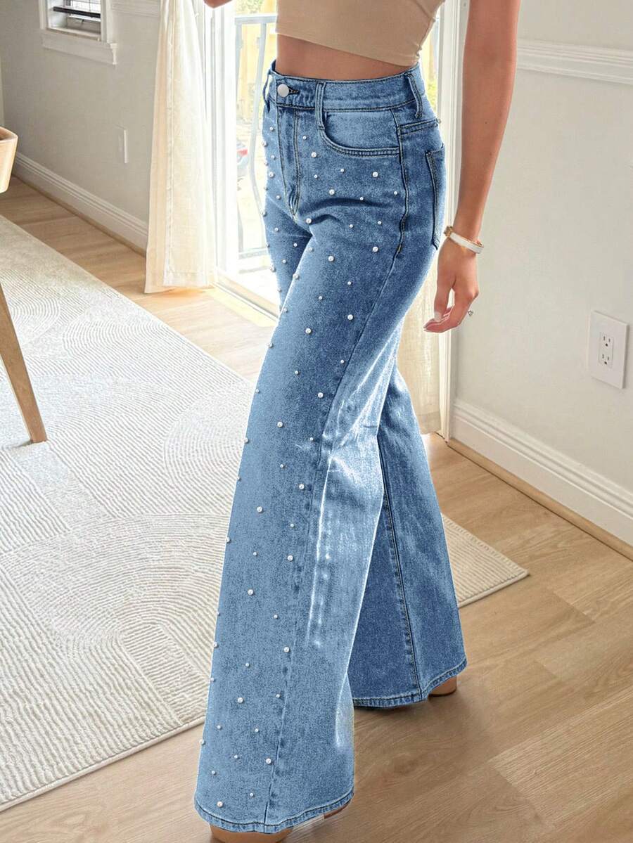 Women's Mid-Waisted Wide Leg Jeans, Vintage Washed Loose Denim Pants With Side Studs, Casual/Workwear - 深藍珍珠款 - 查看 1
