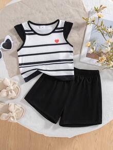 2pcs Girls Casual Striped Heart Print Sleeveless Top And Shorts Set, Summer - Black - View 1