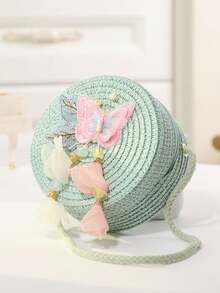 Tassel Butterfly Woven Bag, Cute Cartoon Coin Purse Crossbody Small Round Bag - Multicolor - View 4