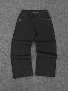 Pocket Embroidery Loose Fit Jeans Loose Wide Leg Jeans With Fish Embroidery Design Personalized Embroidery Jeans With Character Design Street Hip-Hop Rock Jeans Suitable As A Gift For Boyfriend, Husband On Holidays - Black - View 2