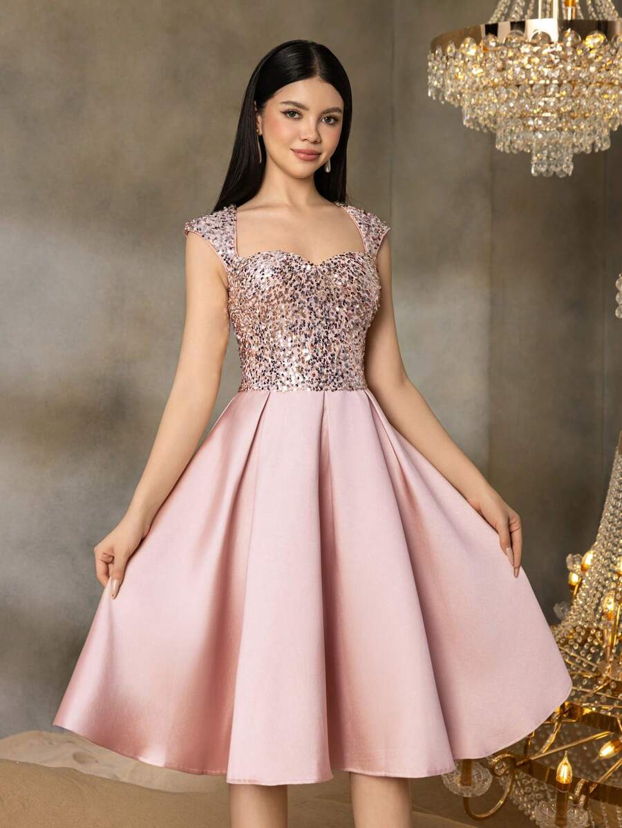 Alisa&Leo Teen Girls' Sequin Graduation Dress - Sweetheart Neckline With Fitted Satin Bodice, A-Line Satin Skirt For School Proms, Wedding Guest Outfits, Birthday Parties & Holiday Gatherings - Baby Pink - View 1