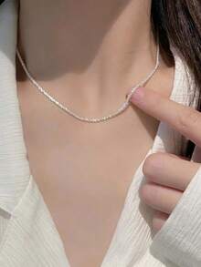 1pc Minimalist Sparkling Clavicle Chain Necklace, Elegant Jewelry, Gift For Wedding, Birthday, Party - Silver - View 5