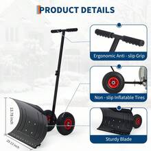 29 Inch Heavy-Duty Steel Push Snow Shovel With Wheels, Wide Adjustable Blade & 5 Height Settings, Ergonomic Snow Plow For Easy Driveway & Sidewalk Clearing - 29W X 14H - View 8