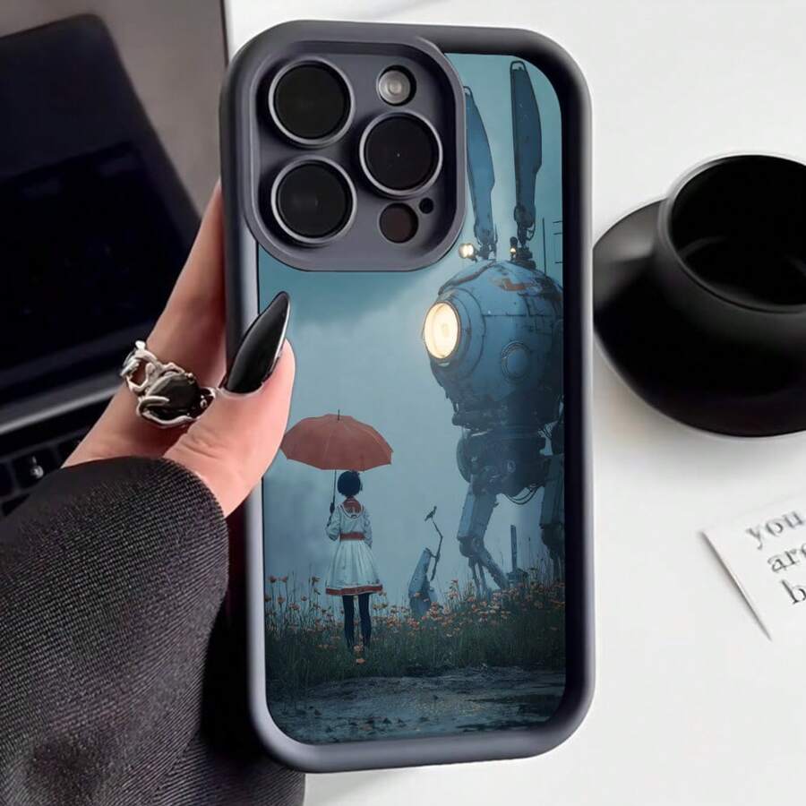 Cubierta de teléfono con diseño de anime para iPhone 14 Pro Max Negro con estampado de niña con paraguas y robot gigante en campo de flores Ideal para amantes de la ciencia ficción y arte anime - Burdeos - Ver 1