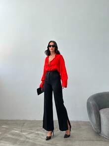 Quần ống loe màu đen thanh lịch dành cho nữ, chất liệu polyester, có khóa kéo và túi. - màu đen - Xem 7