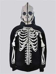 Unisex Skull Print Hoodie Lazy Vibe Long Sleeve Zip-Up Street Fashion - 黑色白骷髏灰色心 - 查看 1