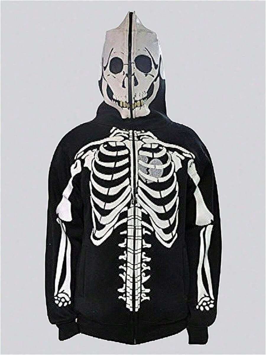 Unisex Skull Print Hoodie Lazy Vibe Long Sleeve Zip-Up Street Fashion - 黑色白骷髏灰色心 - 查看 1