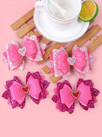 2 piezas Moño de varios niveles rosa y rojo, moño de cuero con brillo, alas con corazón de rhinestone, moños con estampado de corazón, accesorios de moda dulces y versátiles para el cabello, regalo para el Día de San Valentín, fiesta, boda