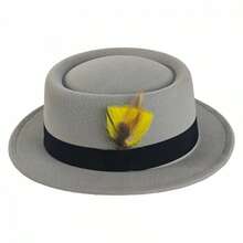 Men Women Felt Fedora Hat Classic Flat Top Pork Pie Hat Vintage Panama Hat With Feather - 灰色 - 查看 2