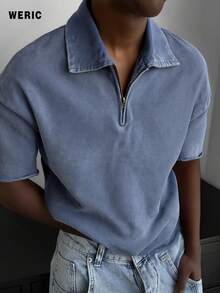 Men's Fashion Washed Denim Blue Half Zip Pullover Short Sleeve T-Shirt, Casual Collared Tee Suitable For Daily Wear And Streetwear - Blue - View 1