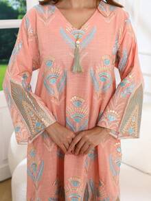 ASBB 耐穿彩色亮片刺繡阿拉伯女式 JALABIYA 長裙，開衩下擺，優雅休閒度假穿搭，2026年秋季，沙烏地阿拉伯國慶服裝（隨機非定位刺繡） - 珊瑚粉 - 查看 6