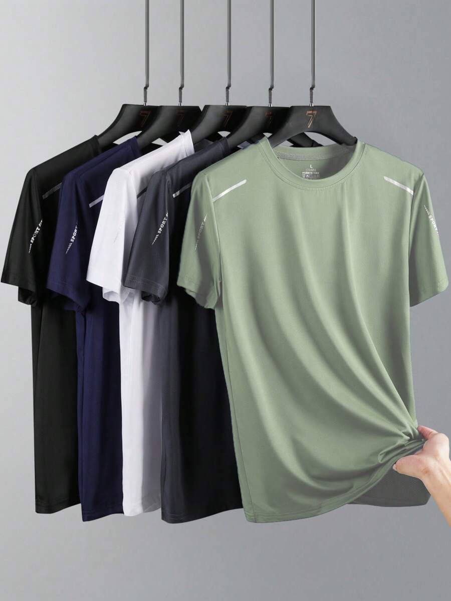 5件/套 男士速干跑步T恤，透气徒步钓鱼T恤，柔软弹力户外运动短袖衫，夏季 - 彩色 - 查看 1