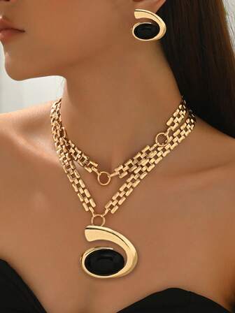 2pcs Set New Creative Personalized Casual Fashion Versatile Minimalist Asymmetrical Layered Collar Exaggerated Party Outfit