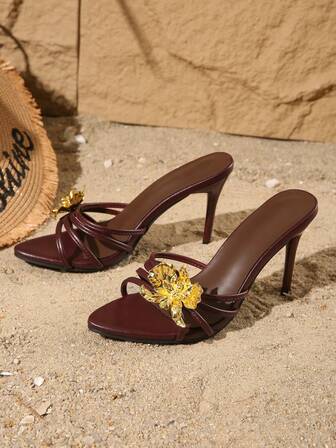 2英寸女士细高跟凉鞋，黑色夏季派对鞋，饰有金色花朵，尖头正式高跟鞋，适合海滩、度假和晚间场合，闪亮