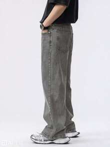 Comfortable Men's Extra Long Wide Leg Jeans Denim Non-Stretch Loose Fit With Pockets - than chì - Xem 3