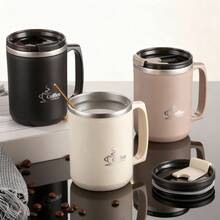 1个450/500毫升304不锈钢咖啡杯，带手柄和盖子，双层保温咖啡杯，防漏茶牛奶水杯，耐热饮水杯，适合学生和成人居家、学校、宿舍、办公室、户外露营、野餐、旅行、返校等场合使用。 - 彩色 - 查看 2