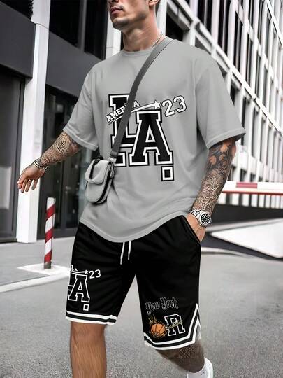 Bộ 2 món áo thun ngắn tay in họa tiết đơn giản dành cho nam và quần short