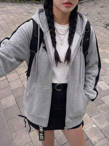 Rikumo 女士休闲字母印花连帽拉链卫衣，秋冬季 - 灰色 - 查看 1