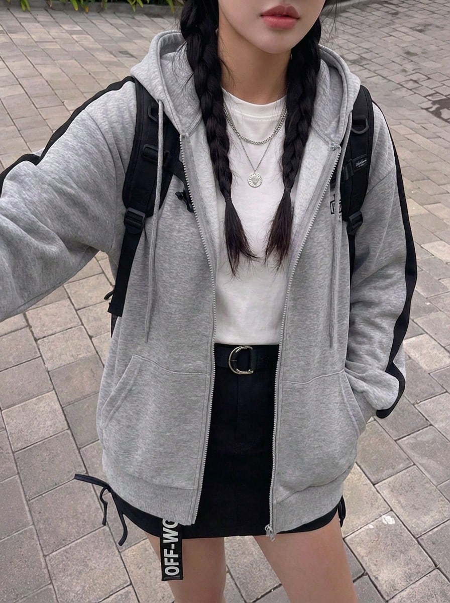 Rikumo 女士休闲字母印花连帽拉链卫衣，秋冬季 - 灰色 - 查看 1