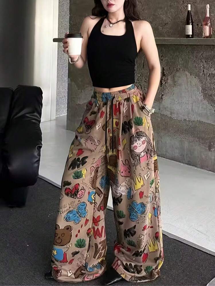 Calça Pantalona Feminina com Estampa Cartoon, Calça Casual Larga Primavera - Caqui - Visão 6